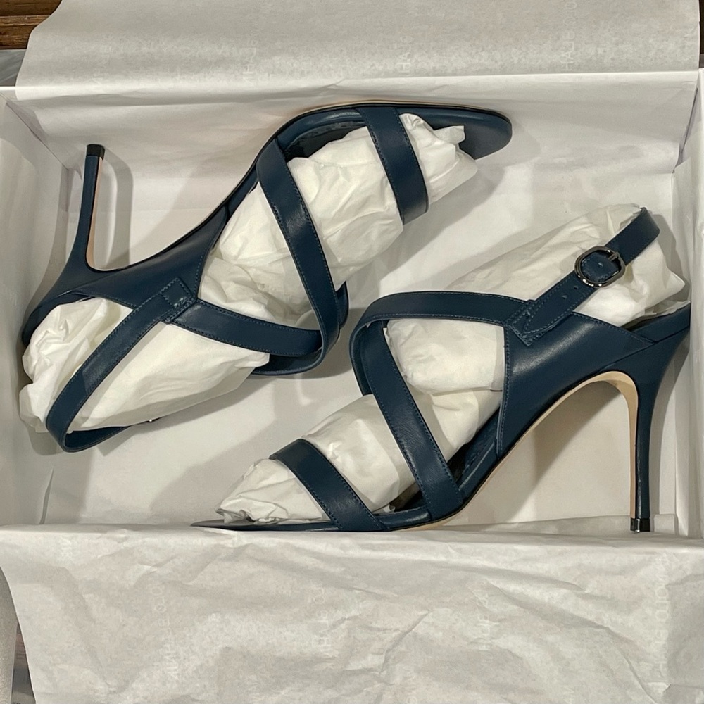 Manolo Blahnik 90mm Blue Leather Strappy Sandal Heels SINGANU 37.5 NEW $925